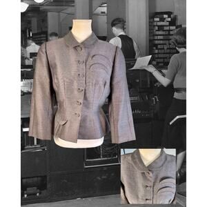 Vintage Early 50s Hattie Carnegie Gray Wool Wasp Waist Peplum Suit Blazer Size M